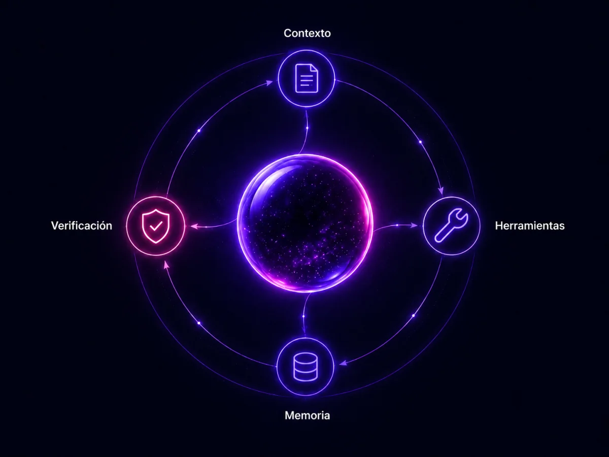 Diagrama del arnés: Contexto, Herramientas, Memoria, Verificación orbitando al agente