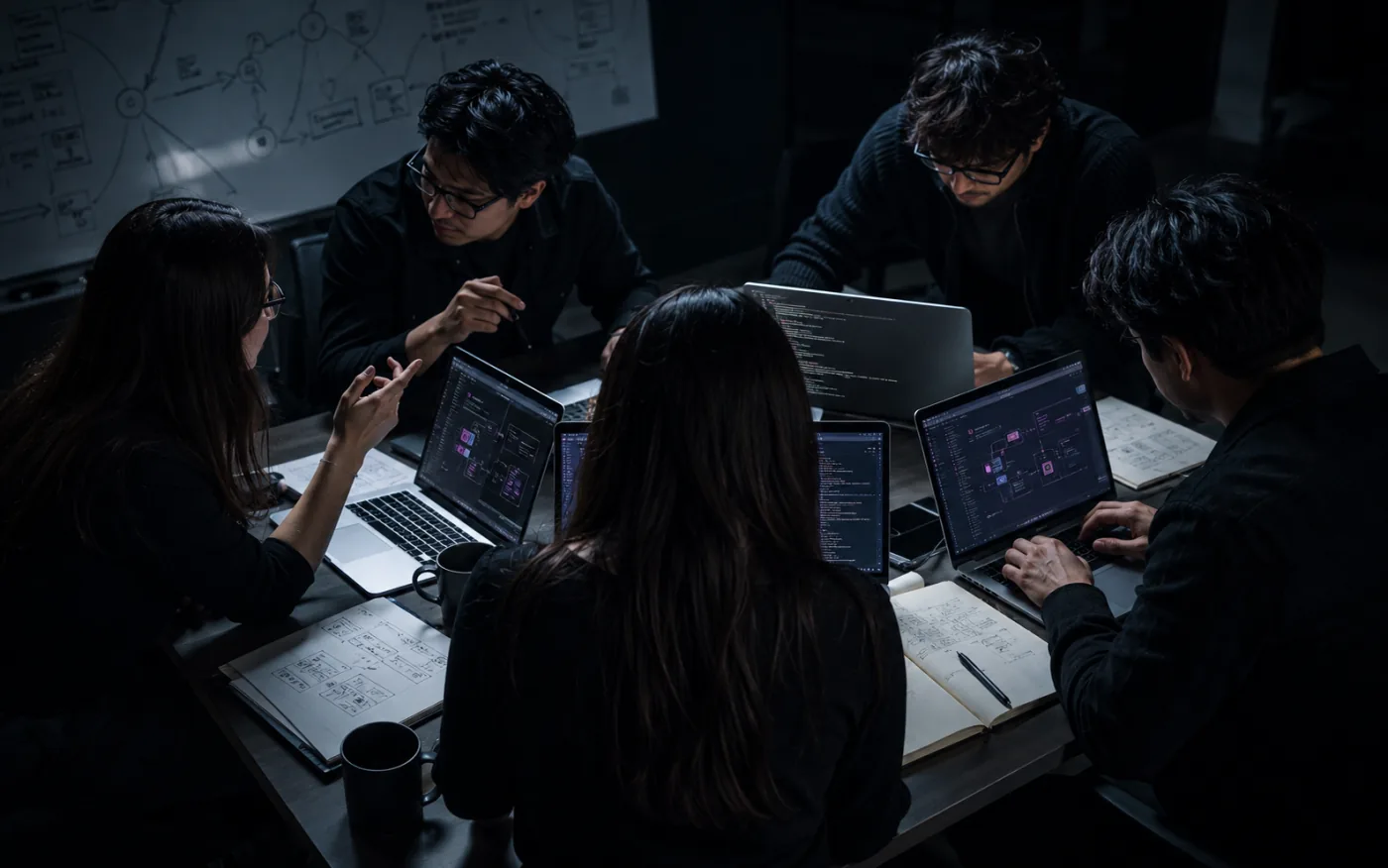 Equipo TheFirstBubble en una sesión de trabajo nocturna
